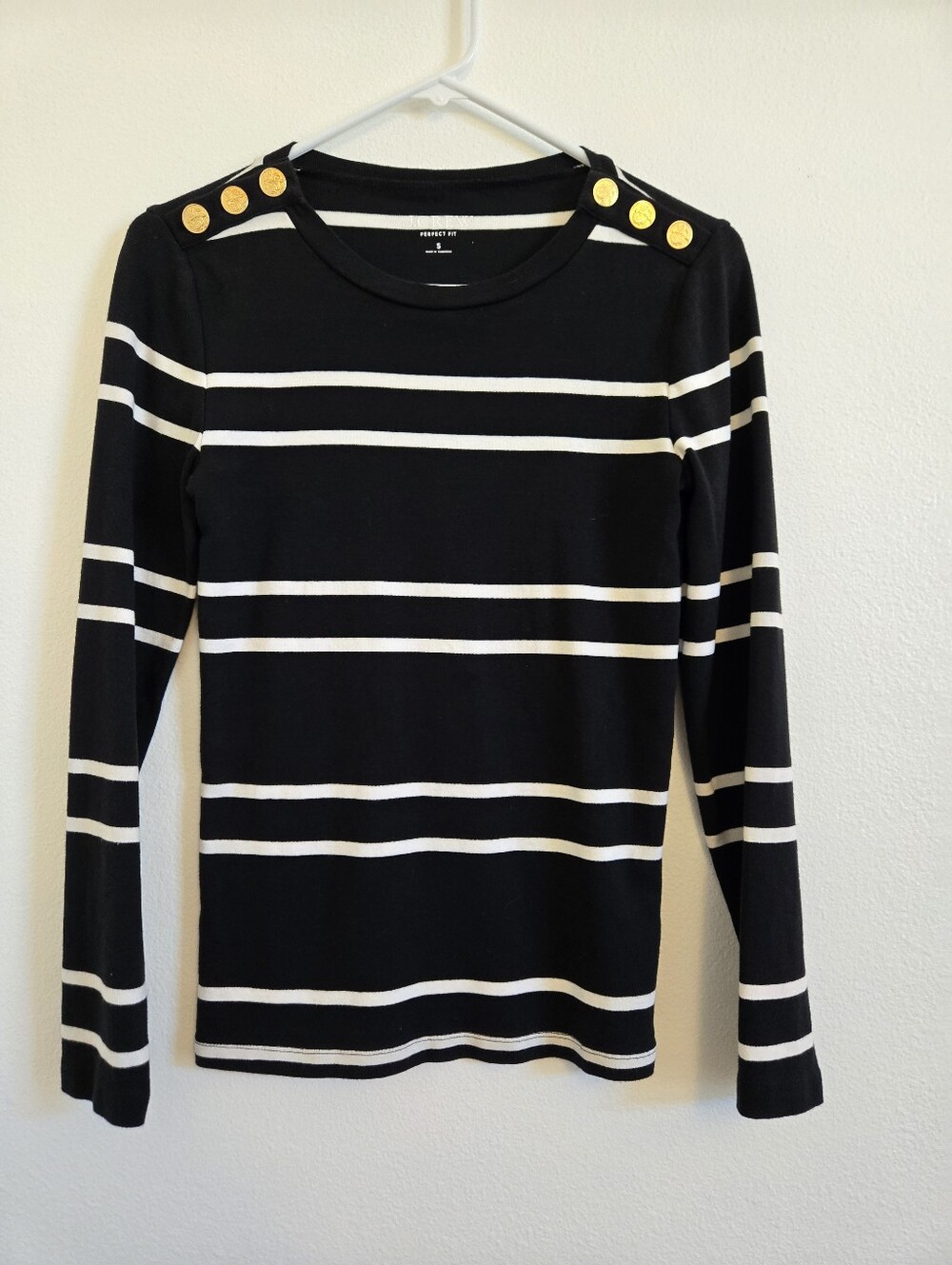 J. Crew Black and White Striped Long Sleeve Top with Gold Buttons Sz Small